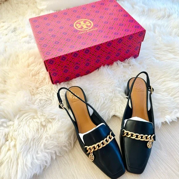 Tory Burch Perfect Black Slingback Loafers with Gold Chain - Picture 4 of 7